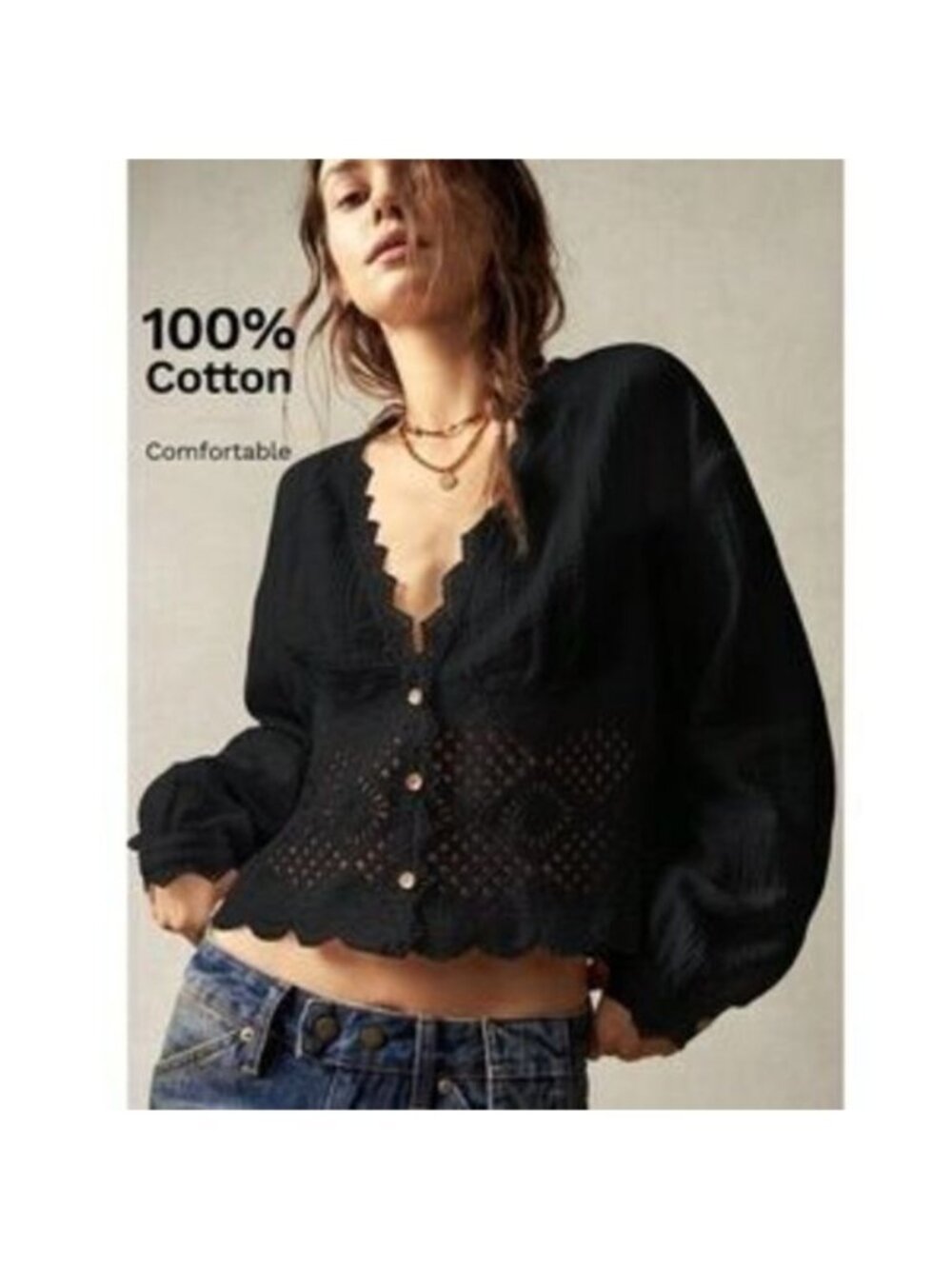 Cotton Bohemian Shirt in Black Crochet Lace Detailed V-Neck Long Lantern Sleeve